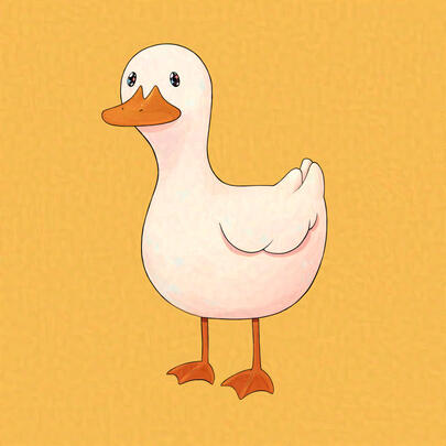 duck's full body design on a yellow background. duck is a white duck with orange feet and bill.