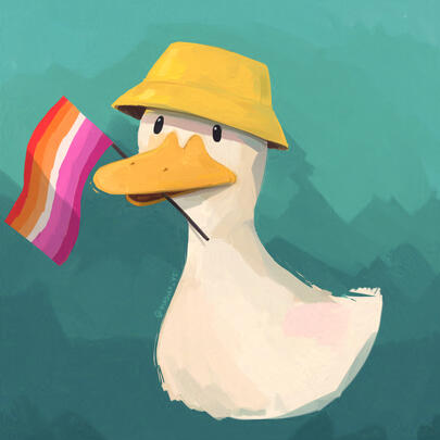 duck with a lesbian pride flag in their beak and a yellow bucket hat on their head